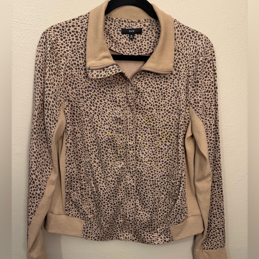 Fate Cheetah Print Tan & Black Full Zip Chambray Jacket Size Medium